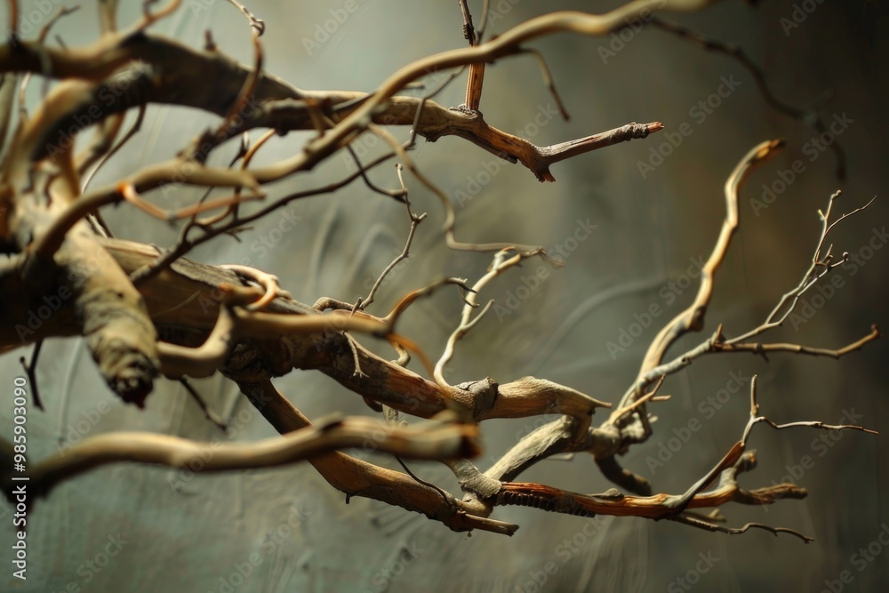 A detailed shot of a tree branch with leaves and twigs A detailed shot of a tree branch with leaves and twigs