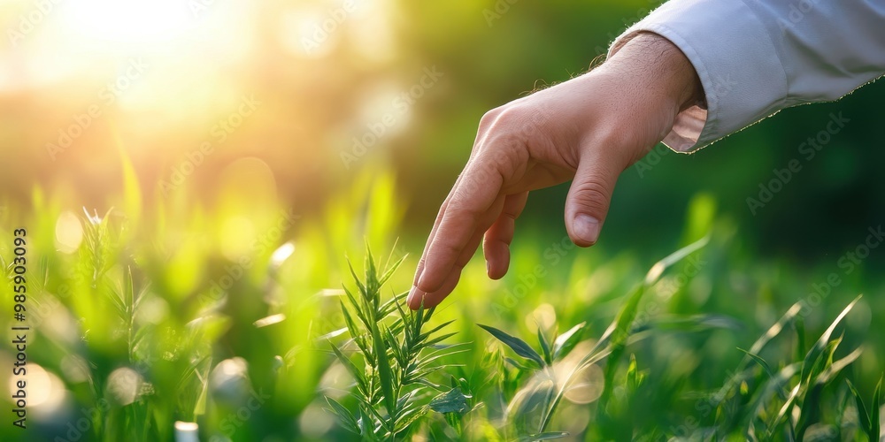 Fototapeta premium A hand gently touches vibrant green plants, symbolizing care for nature and the environment under warm sunlight.