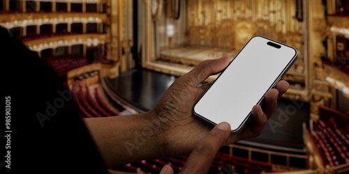 Black African-American male using smartphone with a blank white screen. Theater, opera, stage apps mockup. Vertical phone orientation