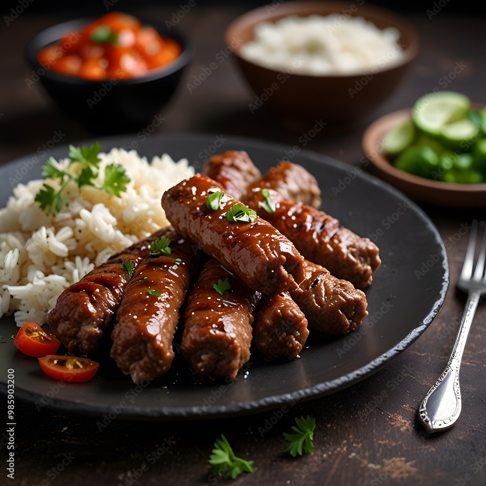 Tasty Cevapcici Food Kebabs meat skewers with rice Tasty Cevapcici Food Kebabs meat skewers with rice