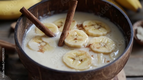 Kluay buat chi (bananas in coconut milk) being poured, banana slices floating, cinnamon stick swirl photo