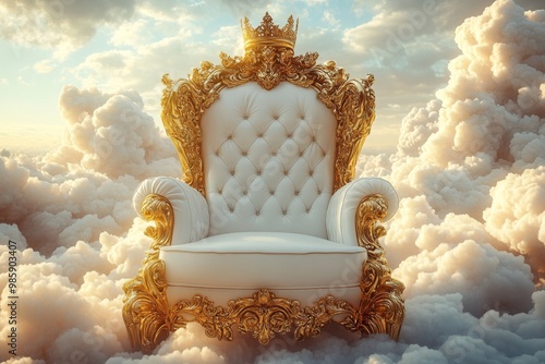 Luxury white chair amidst clouds. White leather chair with gold details. Heavenly background. Kingdom of heaven behind. photo