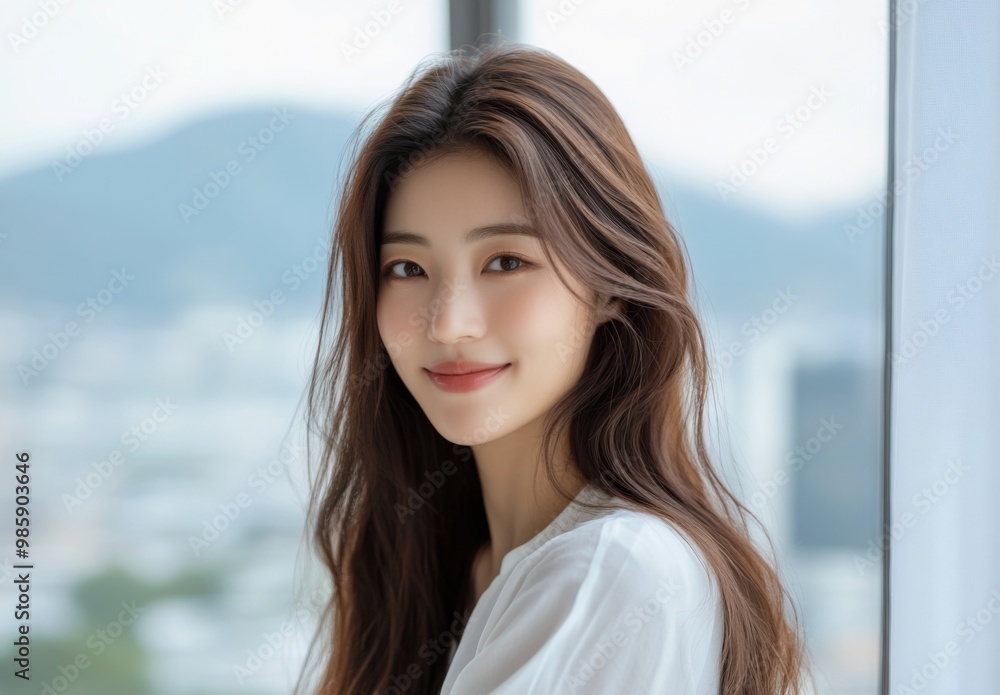 Beautiful young Korean woman smiling and looking at the camera with long hair and a white shirt, no makeup, standing in front of a window with natural light on a cloudy day. Beautiful young Korean woman smiling and looking at the camera with long hair and a white shirt, no makeup, standing in front of a window with natural light on a cloudy day.