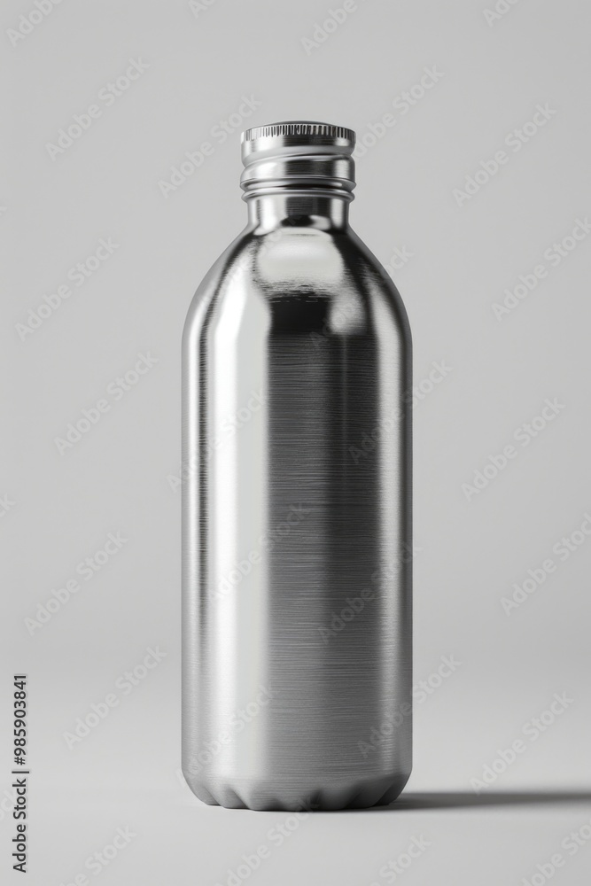 A metal bottle with a lid sits on a gray surface, waiting to be used A metal bottle with a lid sits on a gray surface, waiting to be used