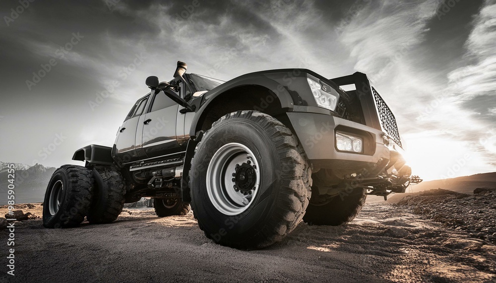 Futuristic cyberpunk heavy duty offroad car in desert with big wheels Futuristic cyberpunk heavy duty offroad car in desert with big wheels