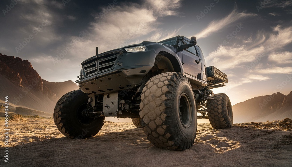 Futuristic cyberpunk heavy duty offroad car in desert with big wheels Futuristic cyberpunk heavy duty offroad car in desert with big wheels