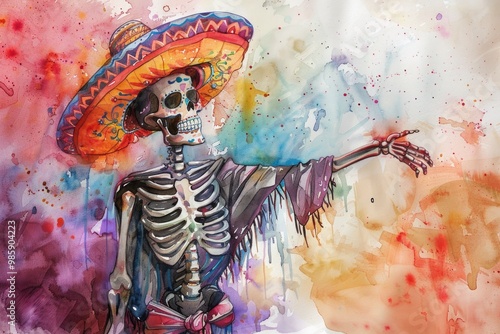 Wallpaper Mural A watercolor illustration of a skeleton in somber attire, suitable for use in illustrations, book covers, or Halloween-themed designs Torontodigital.ca