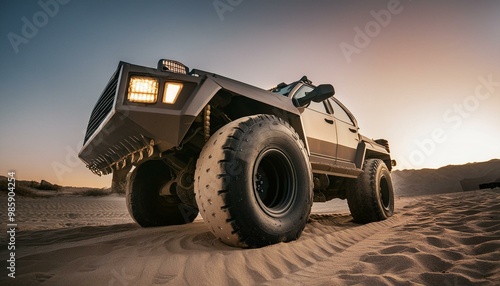 Futuristic cyberpunk heavy duty offroad car in desert with big wheels