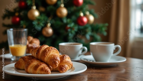 Breakfast scene with coffee and croissants by a Christmas tree.