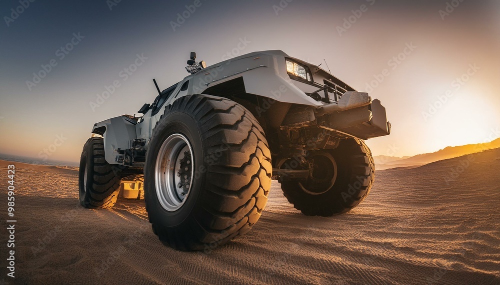 Futuristic cyberpunk heavy duty offroad car in desert with big wheels Futuristic cyberpunk heavy duty offroad car in desert with big wheels
