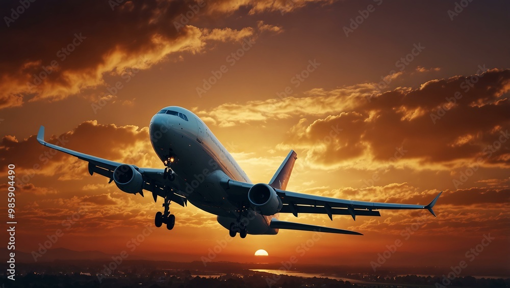 Breathtaking sunset with airplane departure. Breathtaking sunset with airplane departure.