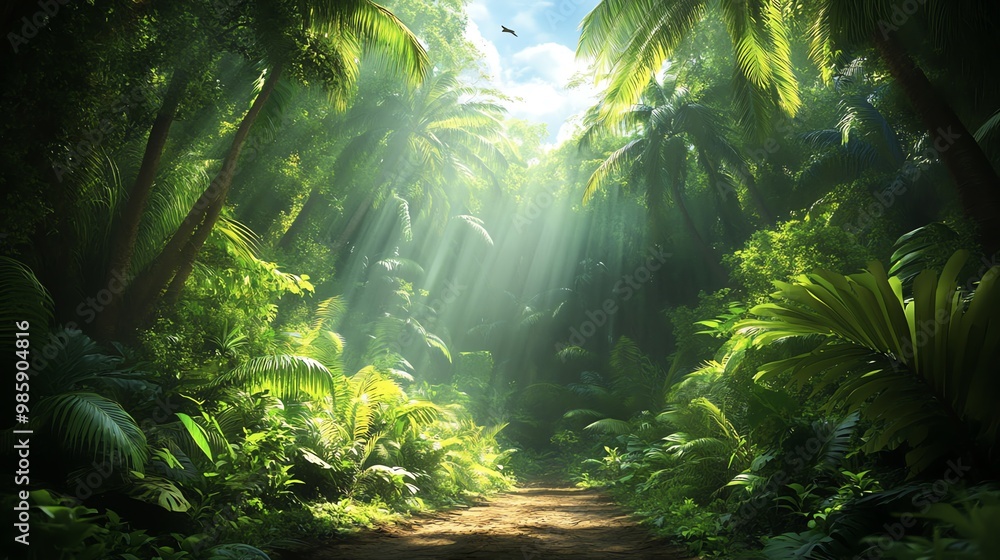 Sunbeams illuminate a path through a lush jungle with palm trees, green foliage, and a clear blue sky. Sunbeams illuminate a path through a lush jungle with palm trees, green foliage, and a clear blue sky.