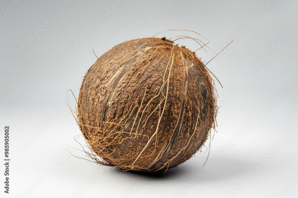 A single coconut sits on a white surface A single coconut sits on a white surface