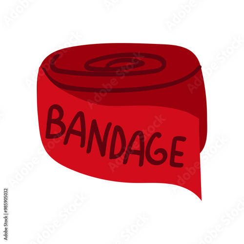 A roll of open elastic red bandage for boxers. Use for fixing limbs and for sprains and fractures of patients' bones vector illustration. The insulated roll lies sideways with the inscription