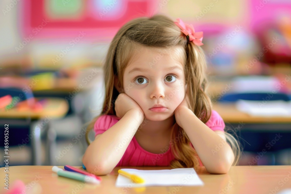 A young girl sits at a desk in a classroom, focused on her work A young girl sits at a desk in a classroom, focused on her work