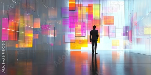 A solitary figure stands in a vibrant, abstract environment filled with colorful geometrical shapes and reflections.