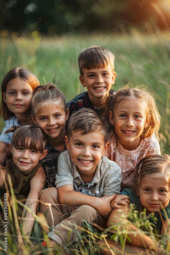A group of kids enjoying the outdoors, relaxing on a lush green field A group of kids enjoying the outdoors, relaxing on a lush green field