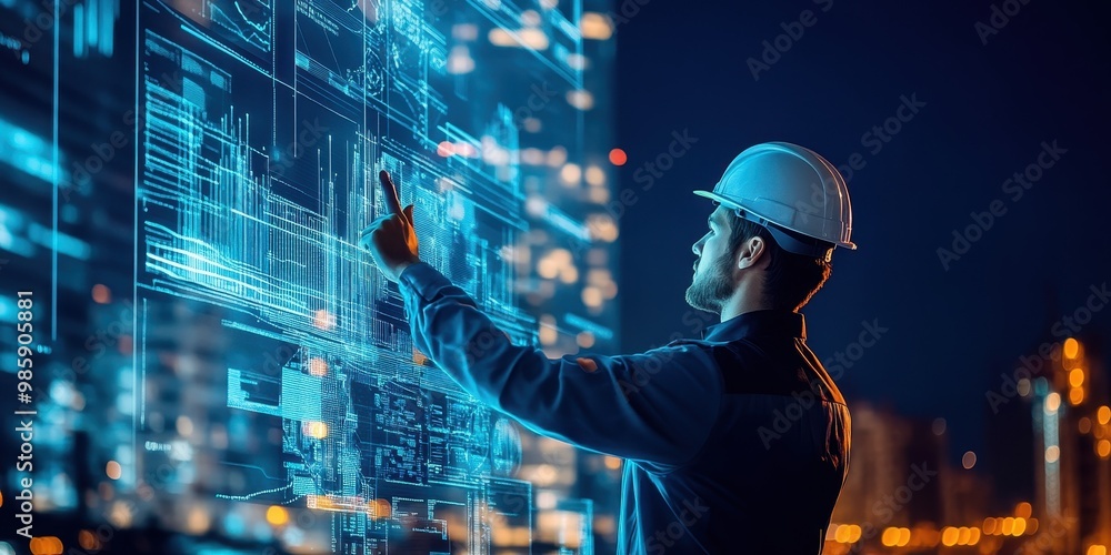 Fototapeta premium A worker interacts with a futuristic digital interface at night, showcasing technology and innovation in construction.