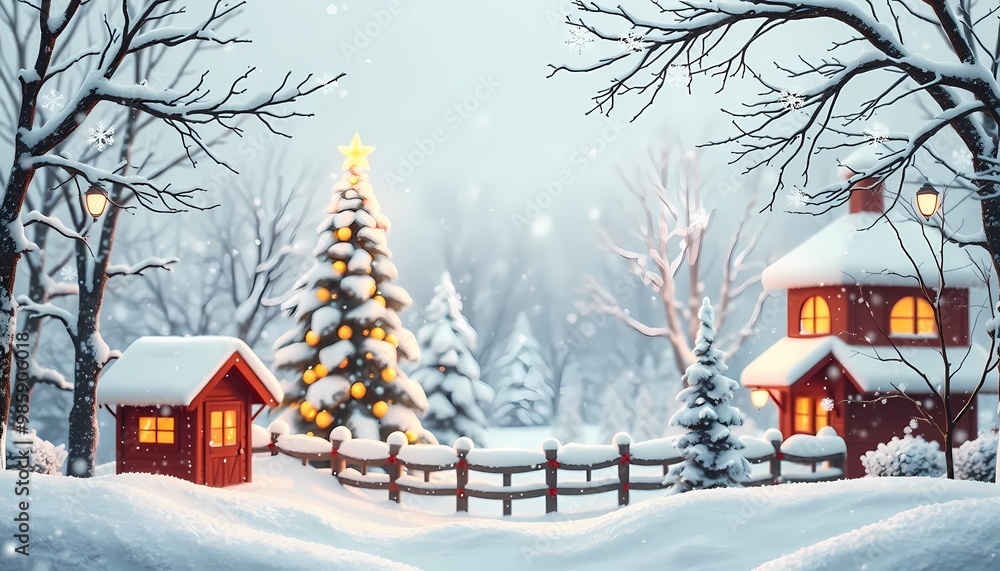 Fototapeta premium winter landscape with house and trees