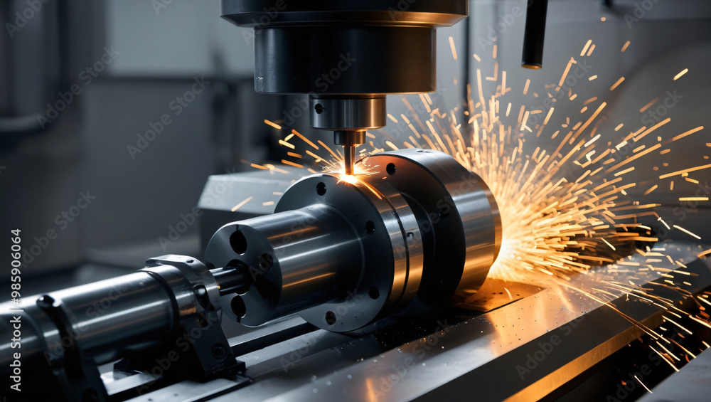 Close-up of a milling machine cutting metal in a precision engineering workshop Close-up of a milling machine cutting metal in a precision engineering workshop