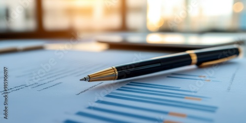 Close-up of a pen resting on business documents with graphs, symbolizing financial analysis and planning in a professional setting.