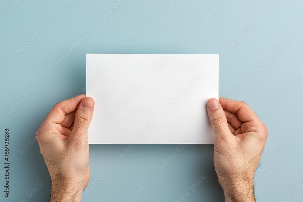 Male hands with blank sheet of paper on blue background Male hands with blank sheet of paper on blue background