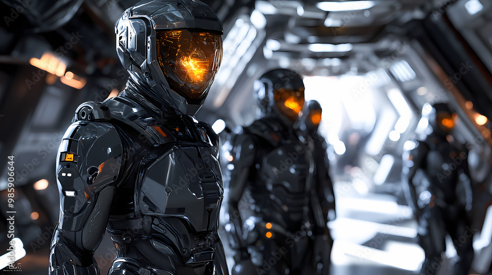 Few men wearing futuristic armor and helmets stand in the interior. damaged spaceship hall at backdrop. generative ai. Futuristic Armor. Illustration Few men wearing futuristic armor and helmets stand in the interior. damaged spaceship hall at backdrop. generative ai. Futuristic Armor. Illustration