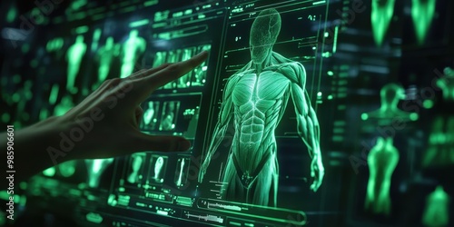 Futuristic display of a human anatomy model with green holographic interface and interactive technology.