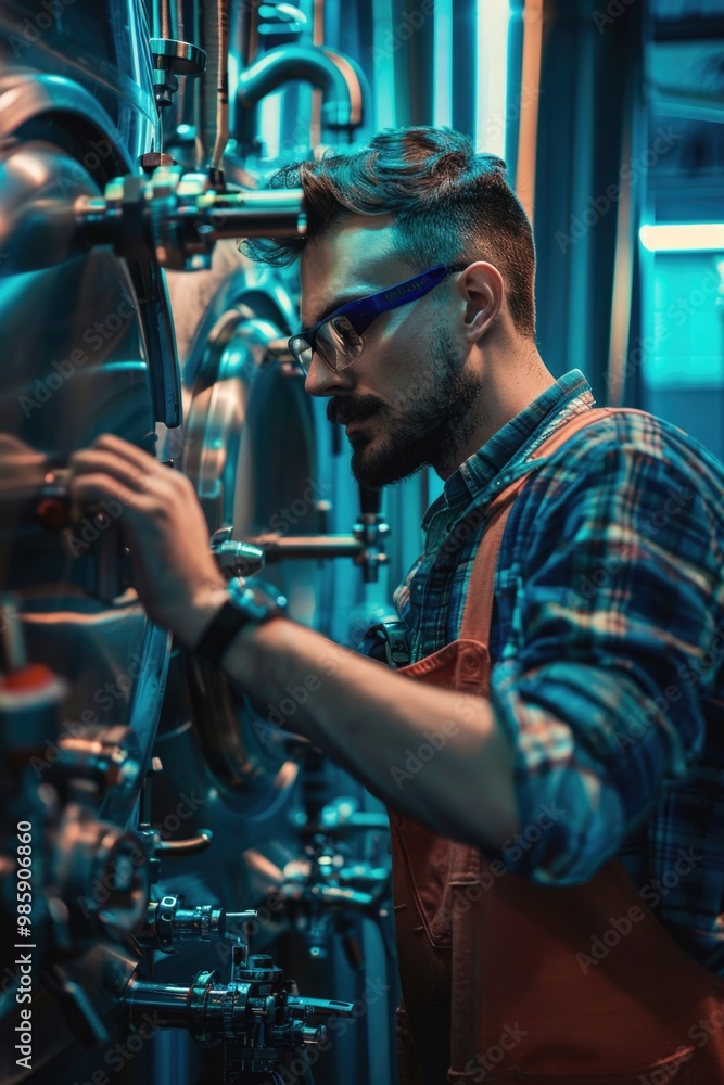 A person in an apron tinkers with a machine, possibly for repair or maintenance A person in an apron tinkers with a machine, possibly for repair or maintenance