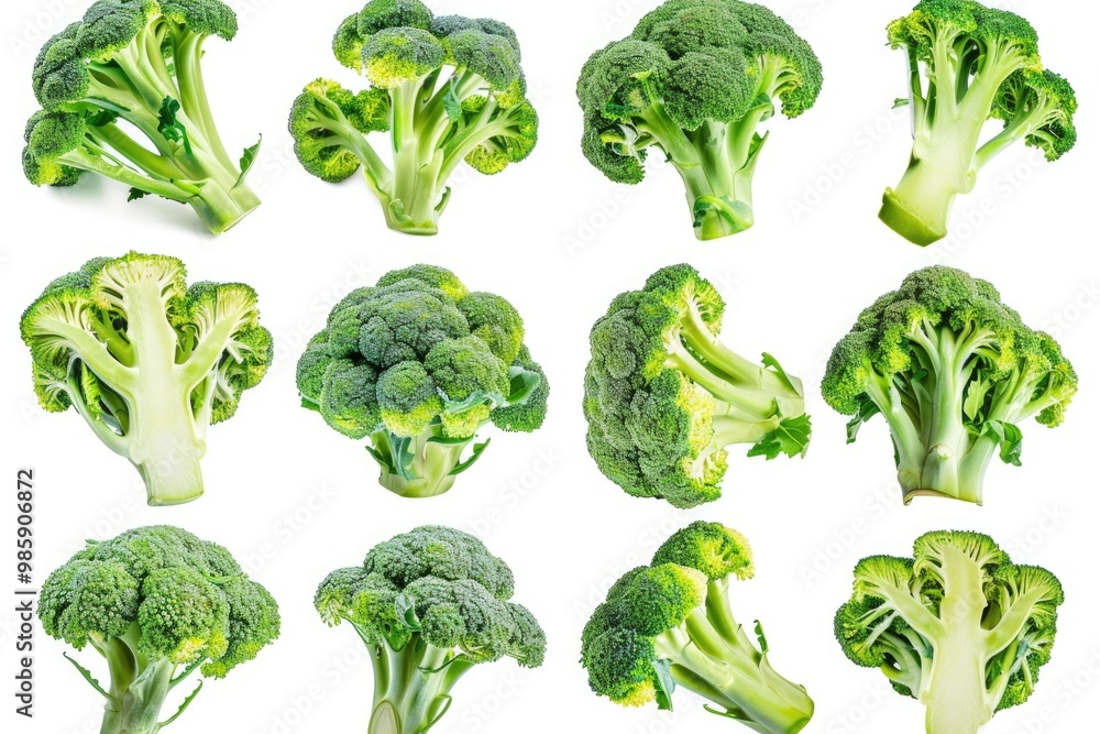 Fresh broccoli heads on a clean white surface Fresh broccoli heads on a clean white surface
