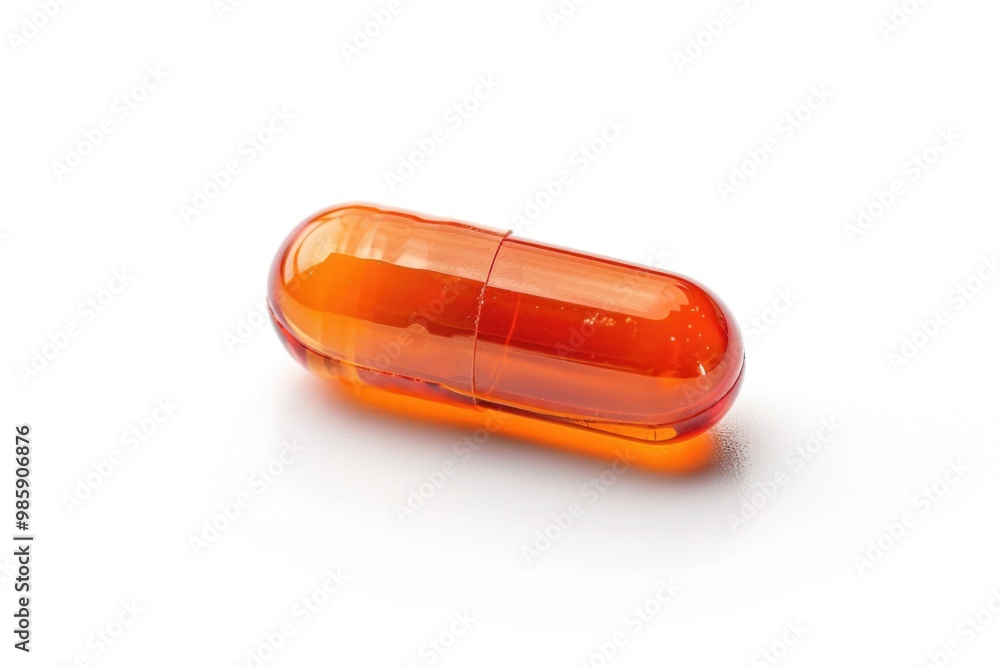 A single orange pill sitting on a white surface, ready for use A single orange pill sitting on a white surface, ready for use