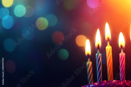 Colorful birthday candles with flames shining brightly against a festive background of blurry lights, symbolizing celebration, joy, hope, new beginnings, and wishes.