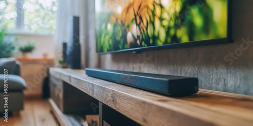 Modern living room featuring a sleek soundbar and vibrant TV display, creating a cozy entertainment space.