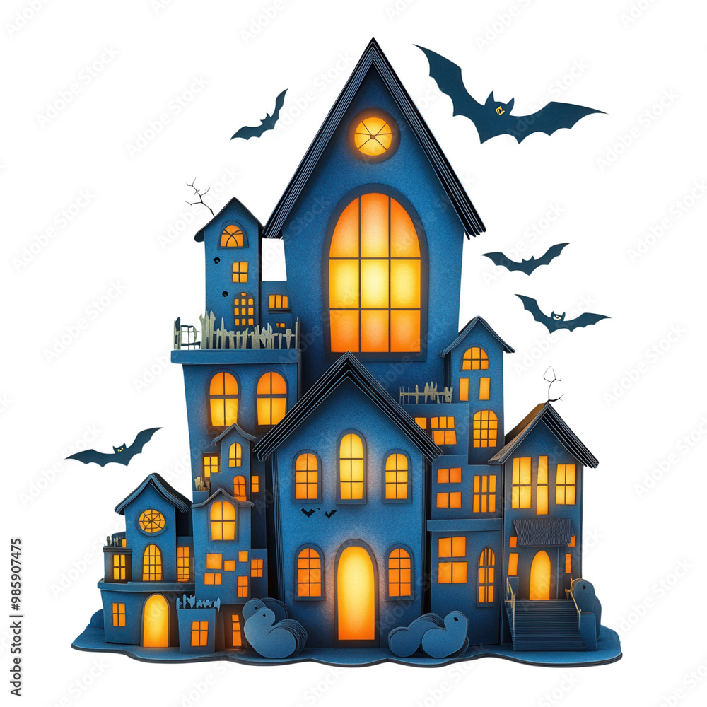 A whimsical haunted house illustration with glowing windows and bats, perfect for Halloween themes and festive design. A whimsical haunted house illustration with glowing windows and bats, perfect for Halloween themes and festive design.
