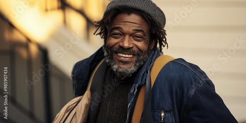 A happy and smiling homeless man captured outdoors, highlighting themes of resilience and human spirit. photo