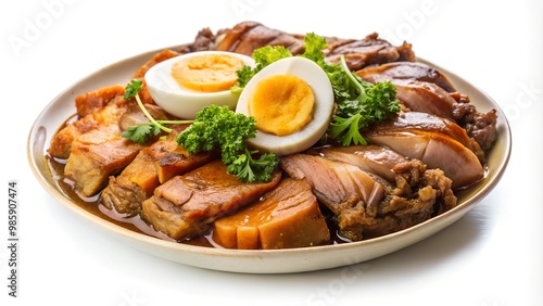 Thai Style Pork Leg Stew with Five Spices, Stewed pork leg and mix pork ,egg in street food, fresh ham on rice, Rice with Pork Leg Stew, Thai street food