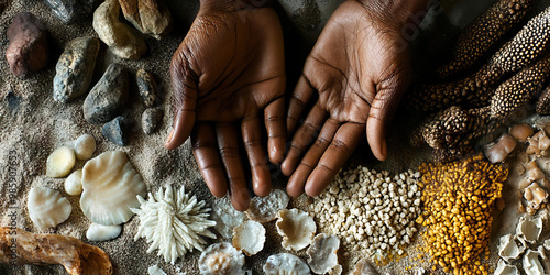 Touchstone Explorations: Hands delicately arranging an assortment of textured items, inviting viewers to touch and feel.