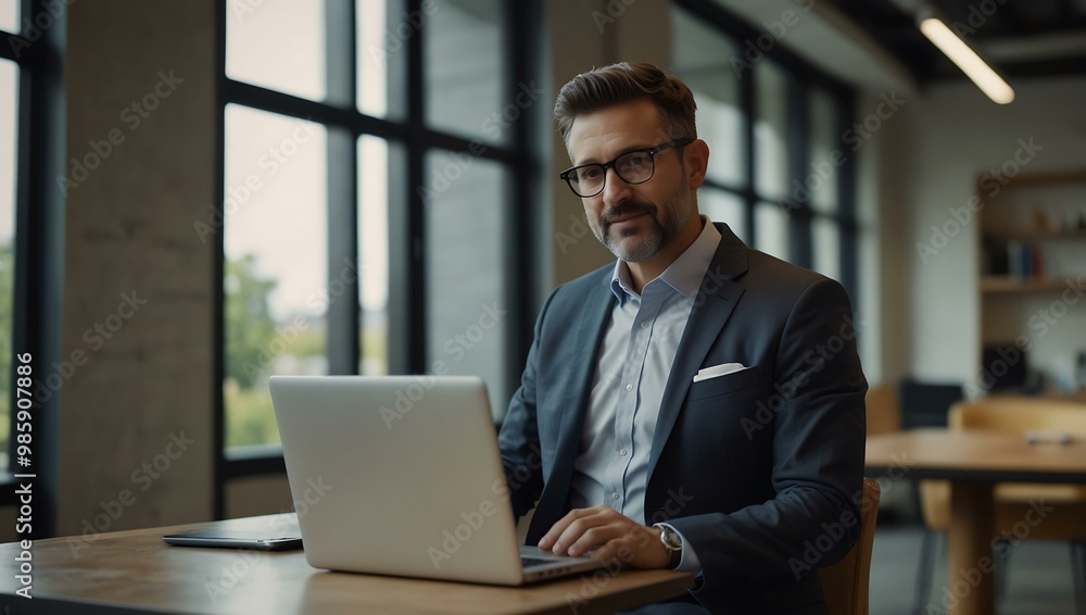 Businessman using a laptop in a contemporary office. Businessman using a laptop in a contemporary office.