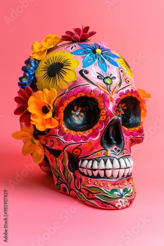 A colorful skull decorated with flowers, perfect for use as a symbol of life and death or in Halloween-themed designs