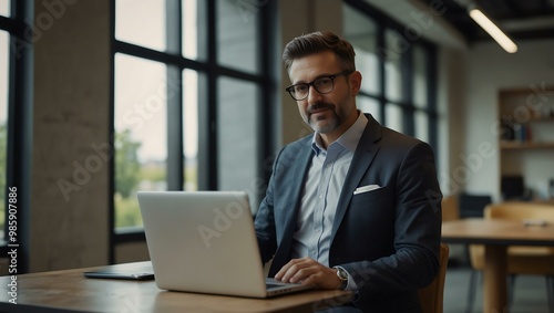 Businessman using a laptop in a contemporary office.