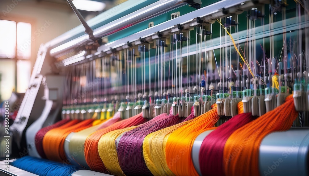 Knitting machine at a manufacturing facility with colorful thread. Generated image Knitting machine at a manufacturing facility with colorful thread. Generated image