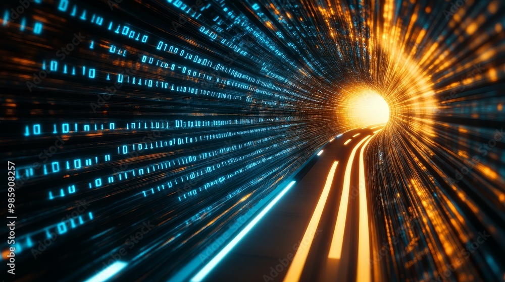 Digital Highway Tunnel with Glowing Code and Light, representing the journey of data, technology, innovation, progress, and future. Digital Highway Tunnel with Glowing Code and Light, representing the journey of data, technology, innovation, progress, and future.