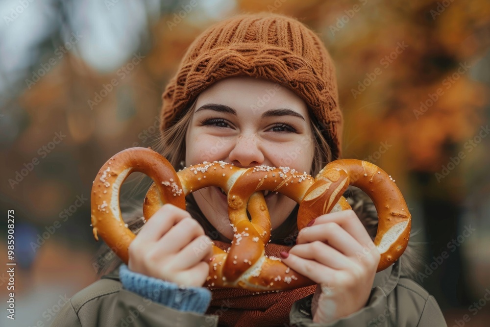 A woman holds up two pretzels in front of her face, possibly for a fun photo shoot or as a silly prop