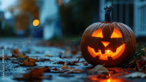 A single lit pumpkin sitting on the ground, ideal for Halloween or autumn themed projects