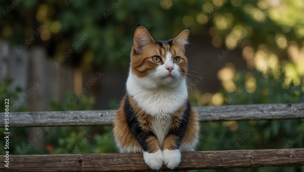 Calico cat sitting on a fence, looking away from the camera. Calico cat sitting on a fence, looking away from the camera.