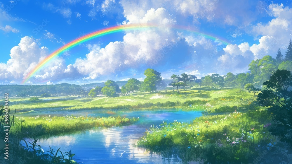 Rainbow Over a Tranquil River in a Lush Meadow. generative ai illustration. Rainbow Over a Tranquil River in a Lush Meadow. generative ai illustration.