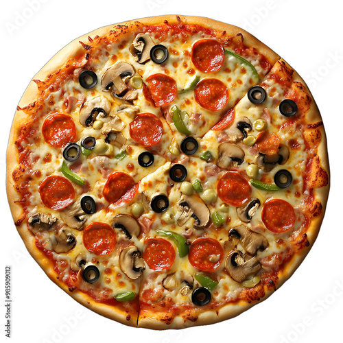 A realistic pizza with a golden, crispy crust, melted cheese, tomato sauce, and vibrant toppings like pepperoni, mushrooms, olives, and green peppers, set against a transparent background. photo