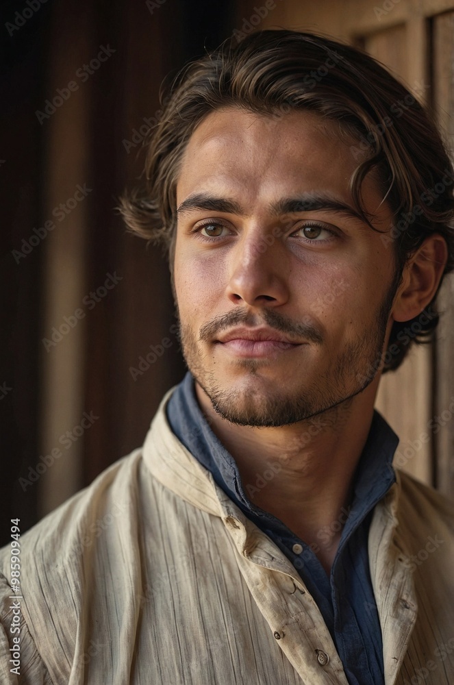 Portrait of a young noble man in historical attire, gazing thoughtfully during a calm afternoon in an elegant setting. Generative AI Portrait of a young noble man in historical attire, gazing thoughtfully during a calm afternoon in an elegant setting. Generative AI