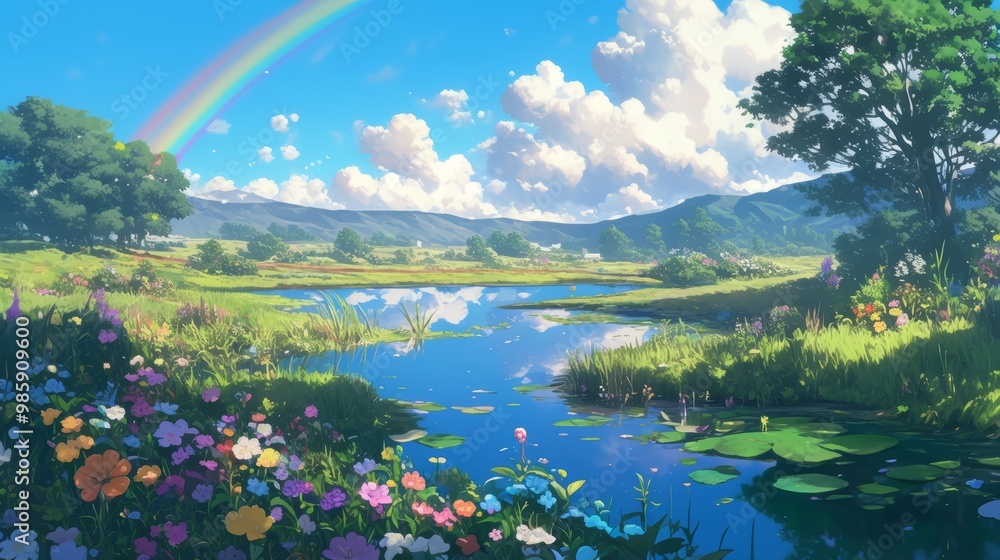 Naklejka premium Magical Rainbow Over Idyllic Landscape. generative ai illustration.