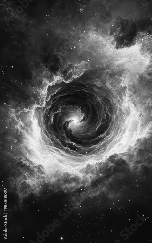 Mesmerizing Monochrome Cosmic Swirl   Dramatic Ethereal Galactic Vortex in Space photo